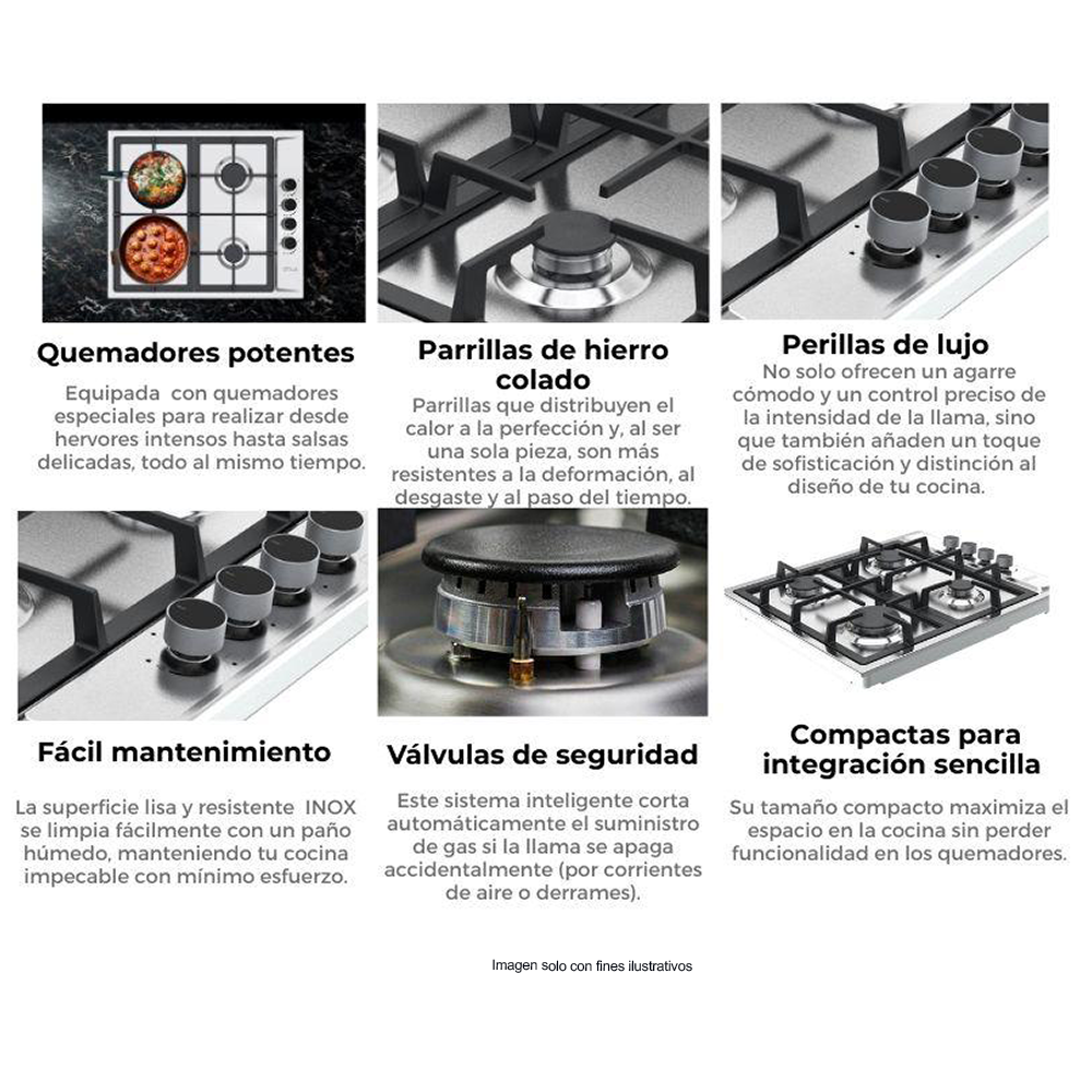 Estufa a gas 24" empotrable modelo Turin 60 Drija, 4 quemadores