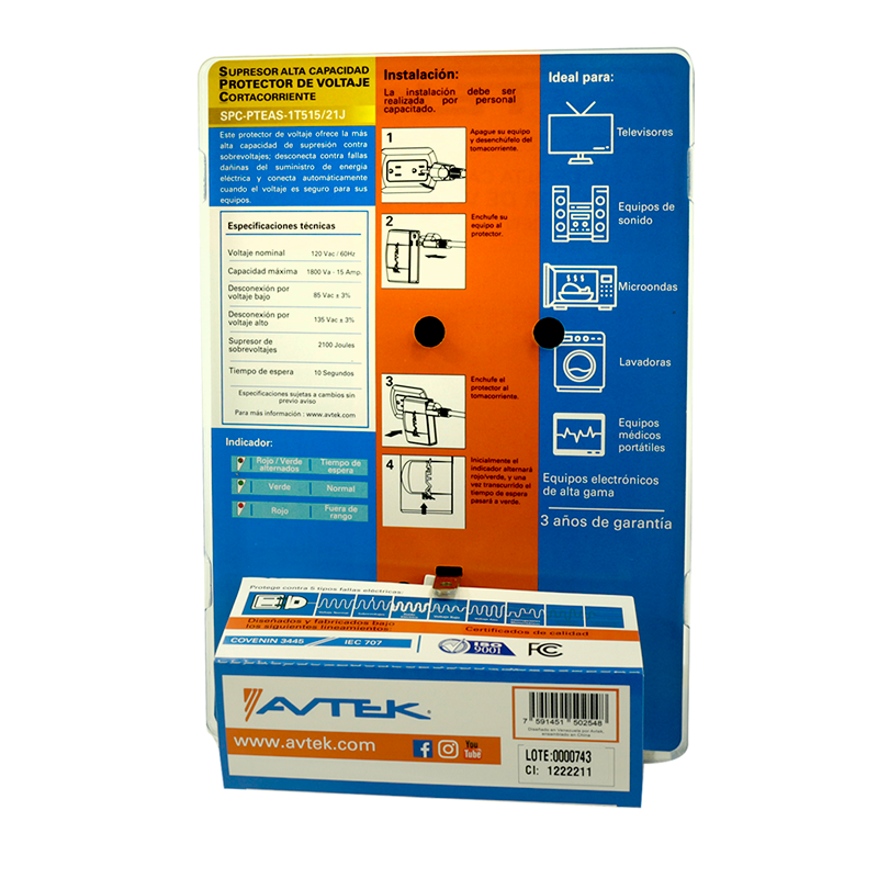 AVTEK PROTECTOR DE VOLTAJE LAVADORAS /TV SPC-PTEAS-1T515