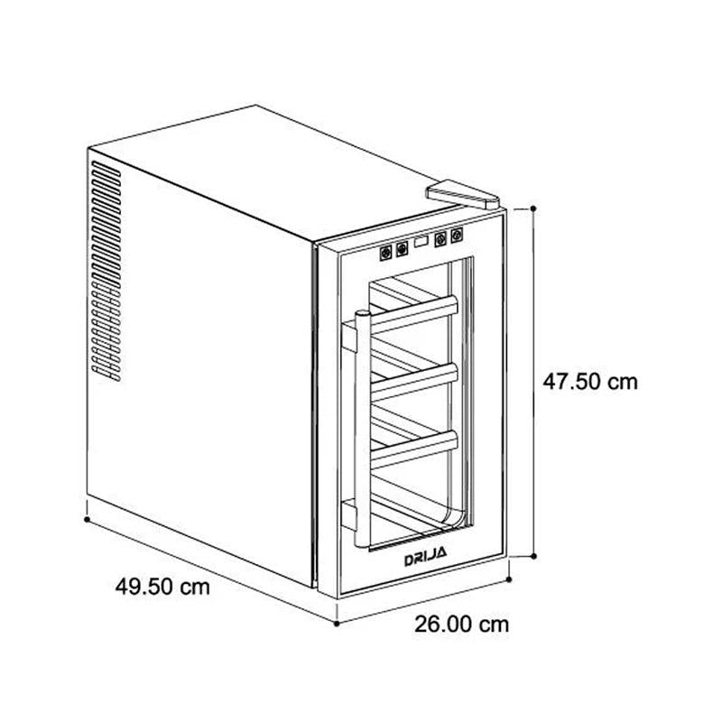 Vinera termoeléctrica para 8 botellas Drija modelo ROSSO 8 marco delgado de acero inoxidable 304 iluminacion led blanca control digital 3 estantes de madera temperatura mínima 8 grados voltaje 110V