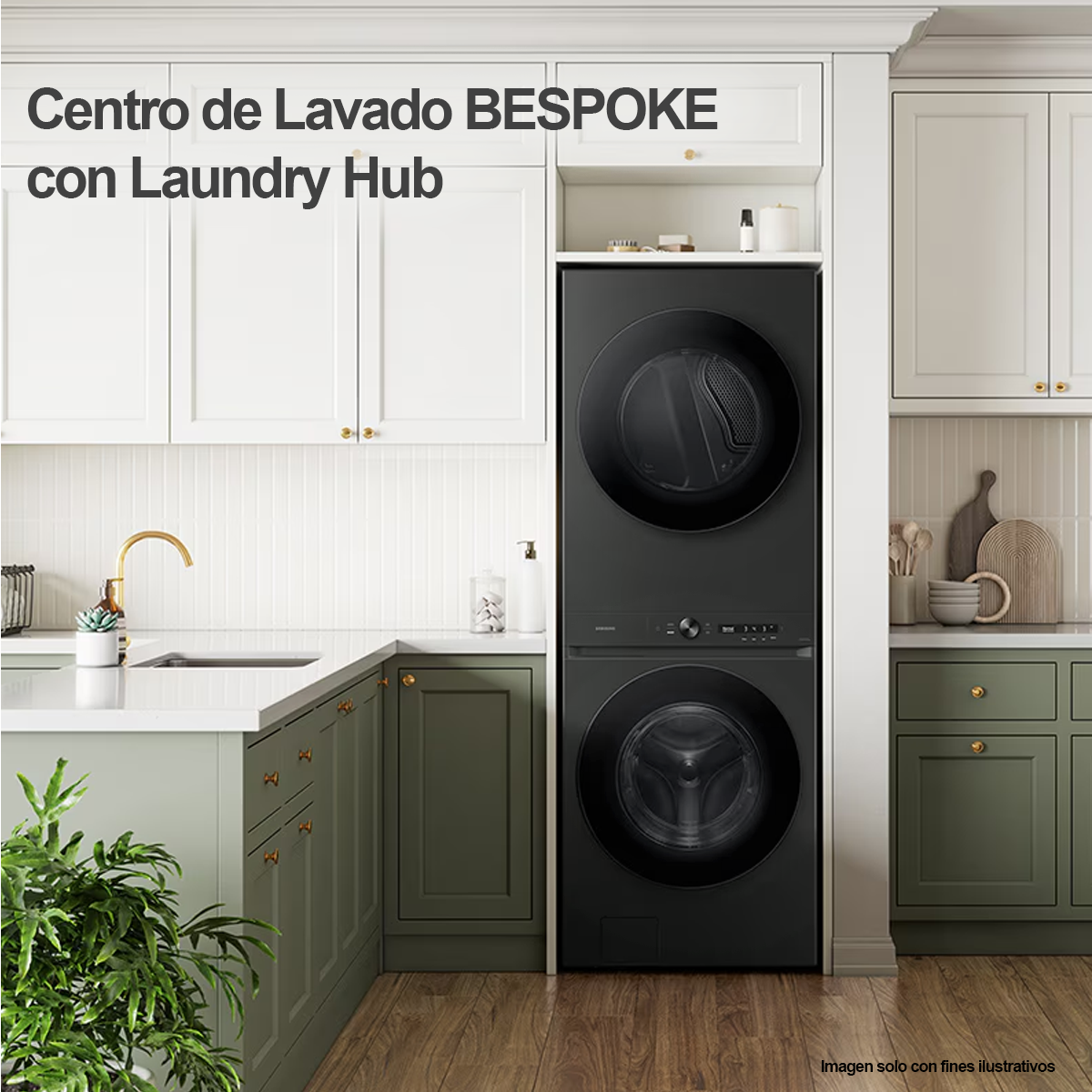 Centro de lavandería y diseño BESPOKE carga frontal 22Kg a Gas WH22DBH570PVAP tecnología Smart Samsung color negro cepillado
