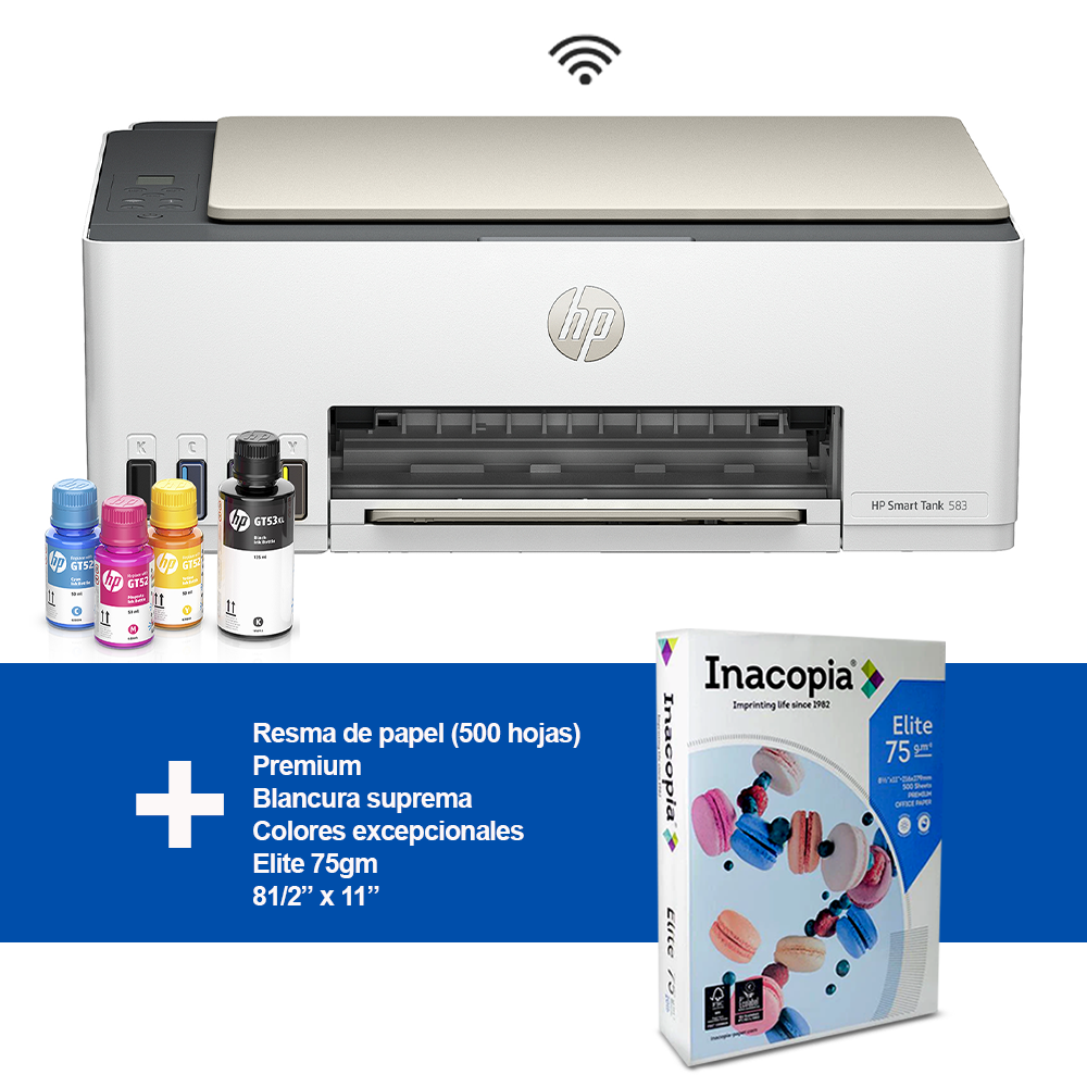 Combo impresora Smart Tank 583 HP multifuncional + Resma de papel Elite 75gm 81/2 x 11pulgadas