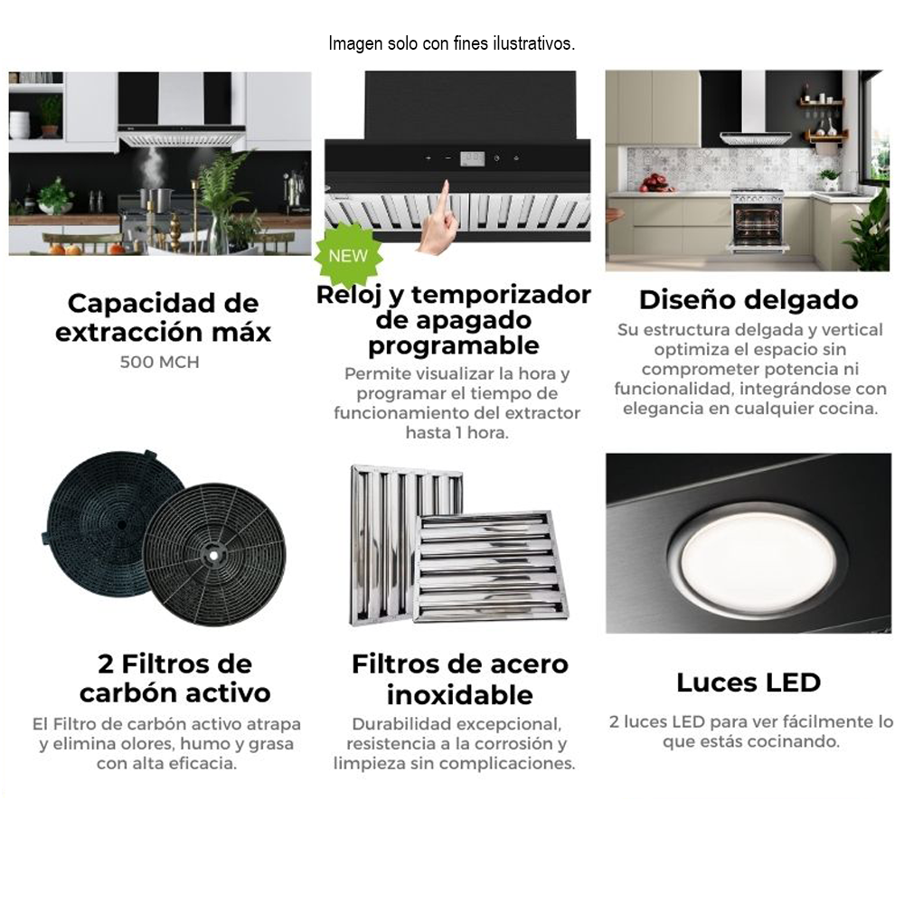Extractor de grasa Campana Quadrato 76 Black, 2 chimeneas, panel digital, luz LED. Drija.
