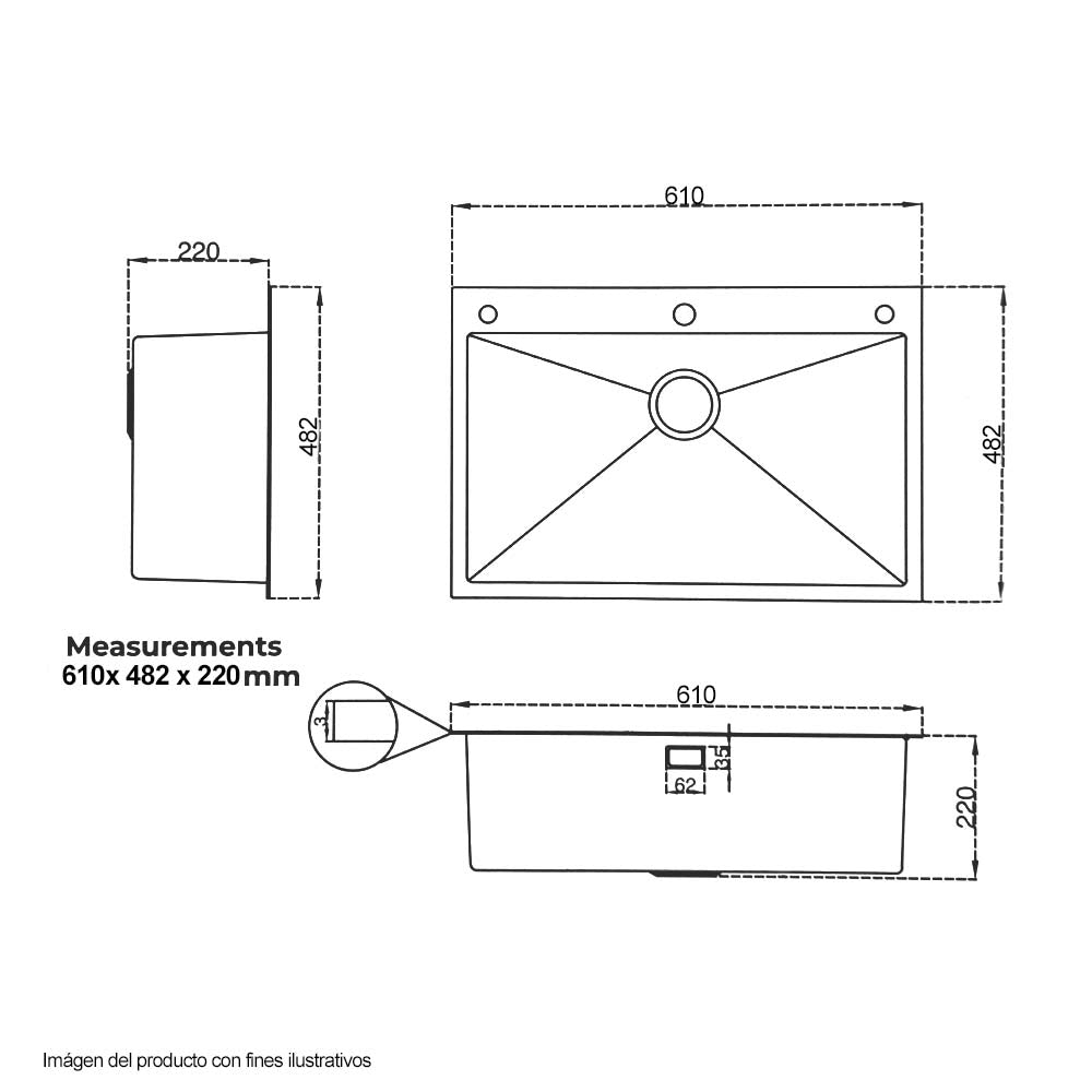 Fregador de 61cm modelo BOLONIA 61 acero inoxidable satinado