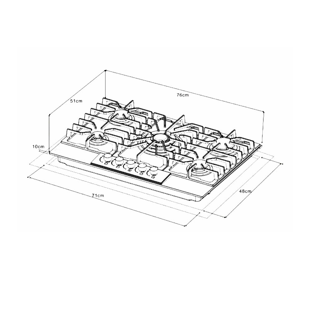 Estufa empotrable a gas Italia 76 Drija Vitroceramica negro mate de 76cm perillas de lujo 5 quemadores.