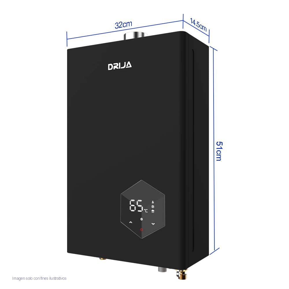 Calentador de agua a Gas CLT10LBLACK Drija capacidad 10L/min temperatura de 35°C a 65°C color negro.