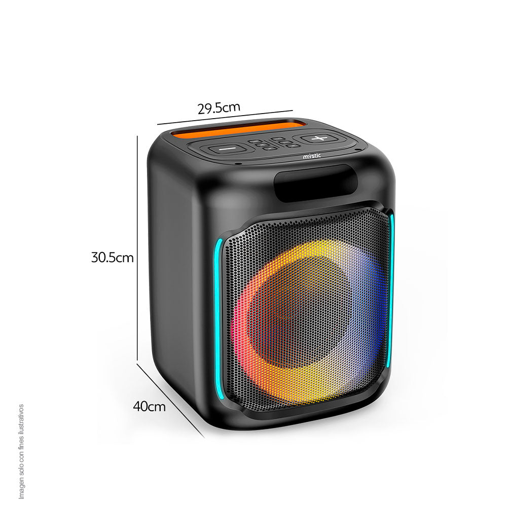 Parlante activo MY-PS88-B-LA-BR Mystic Out mini pro, audio con hasta 4 horas de reproducción, luz LED, Micrófono con cable, Bluetooth TWS, Radio FM.