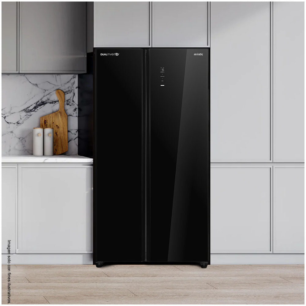 Refrigeradora 19.6pc RF-NV-SB530LSS Mystic Side by side Dual Inverter, No Frost, color negro, control digital externo de temperatura, multi air flow, bloqueo de niños.