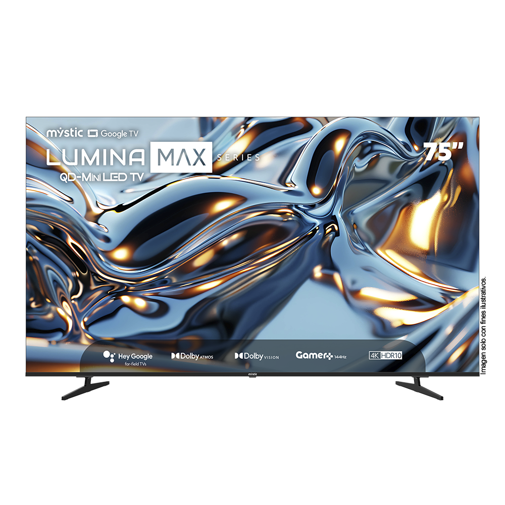 Televisor 75" QD-MiniLED MY-SMIG75709 Mystic Google TV, con asistente de voz Hey Google Hands Free, 4K HDR10, Gamer 144Hz y Dolby Atmos, Dolby Vision, Google Play Store y Bluetooth