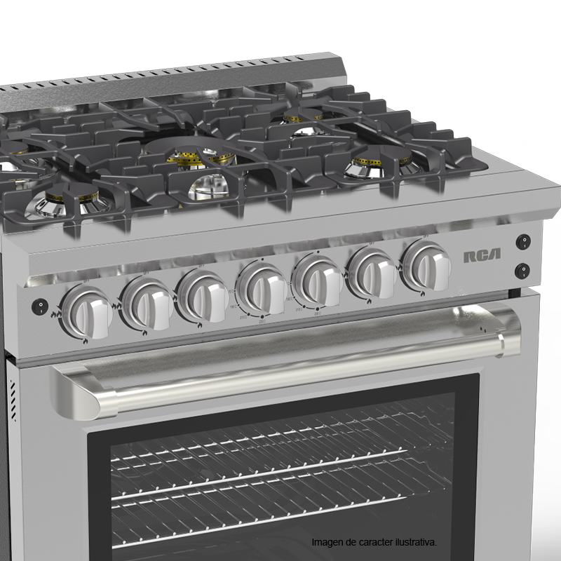 Estufa a gas de 30" RCCC840 RCA, tipo comercial, 5 quemadores, acero inoxidable 304 mesa y copete, limpieza continua en horno