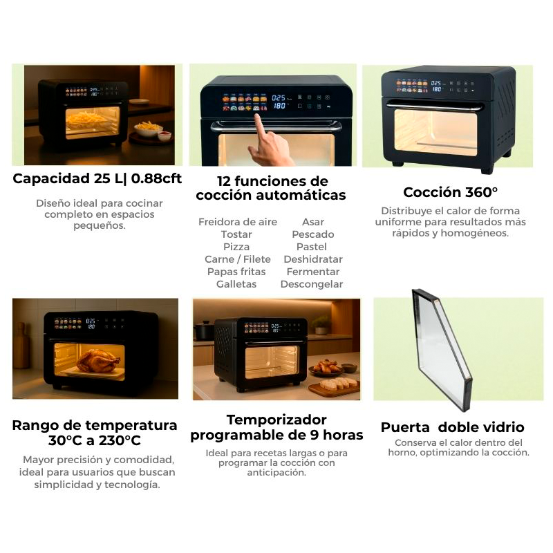 Horno freidora de aire Bruschetta 25L-B Drija, capacidad de 25 litros / 12 funciones pantalla digital