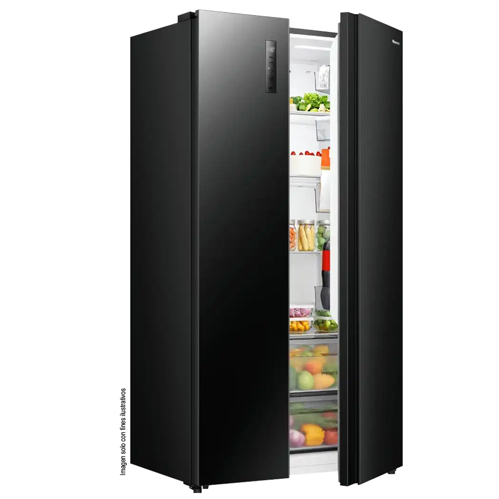 Refrigeradora 18.3pc, Side By Side, FT RS3P558NS1B Hisense, diseño Black Glass y puertas planas, iluminación LED, inverter