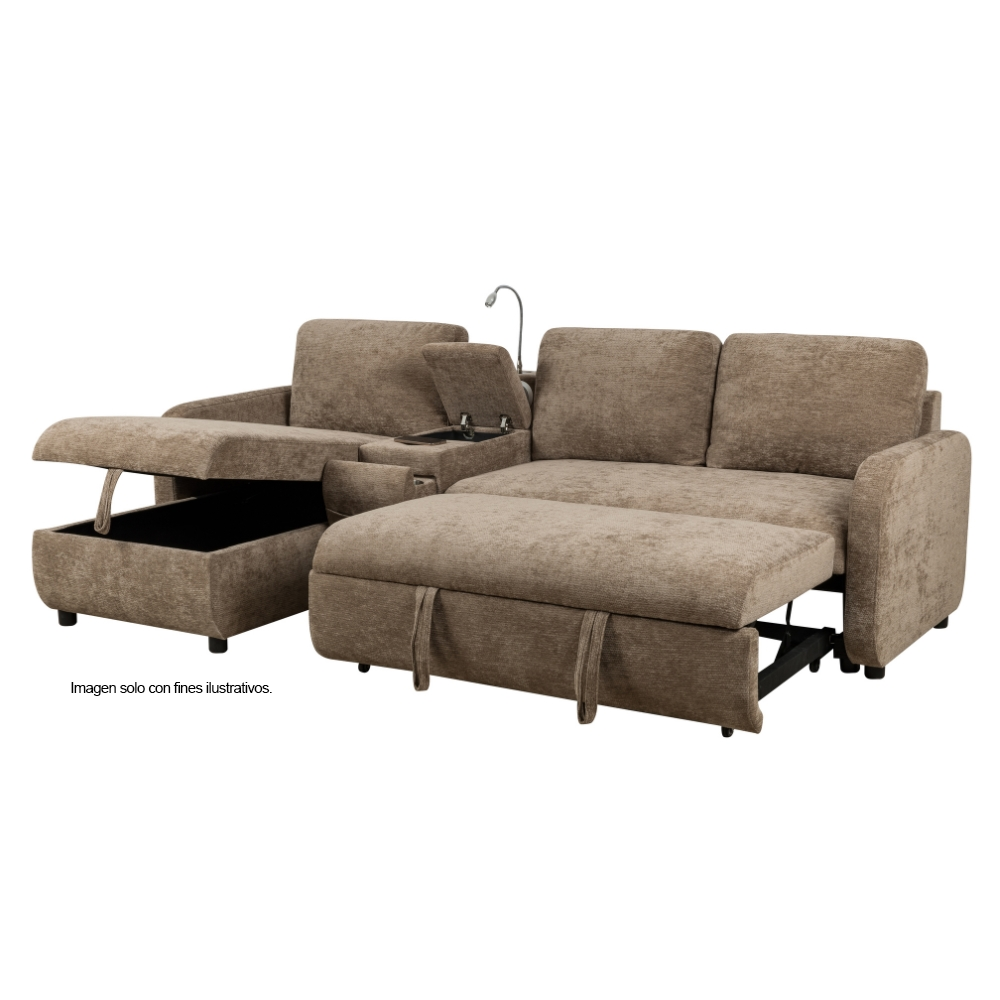 Sofa Chaise -Cama modelo EVA, 18-2229 (LV07180) color texturizado chocolate, con USB, porta baso y lámpara LED flexible.
