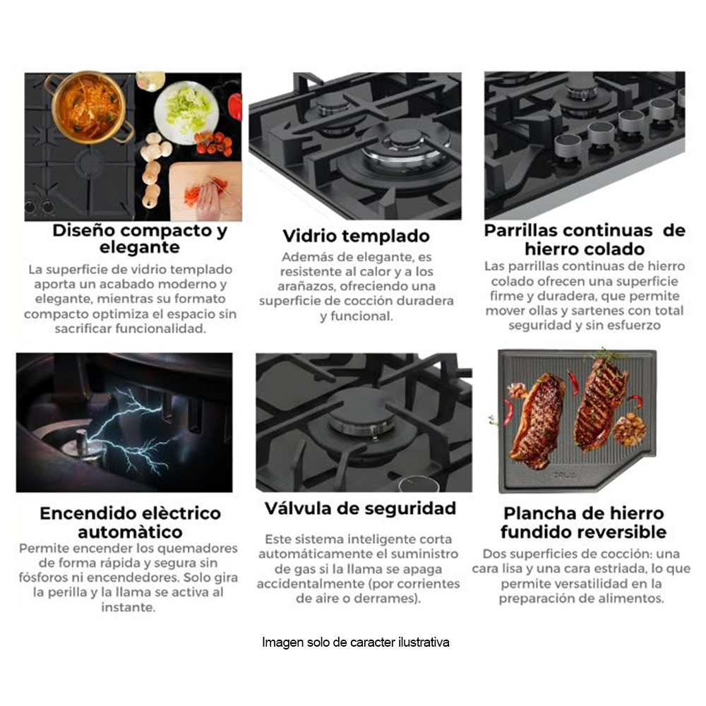 Estufa a gas 91cm, modelo Toscana 91 Pro-B, 6 quemadores SABAF, valvula de seguridad, encendido eléctrico automáico.