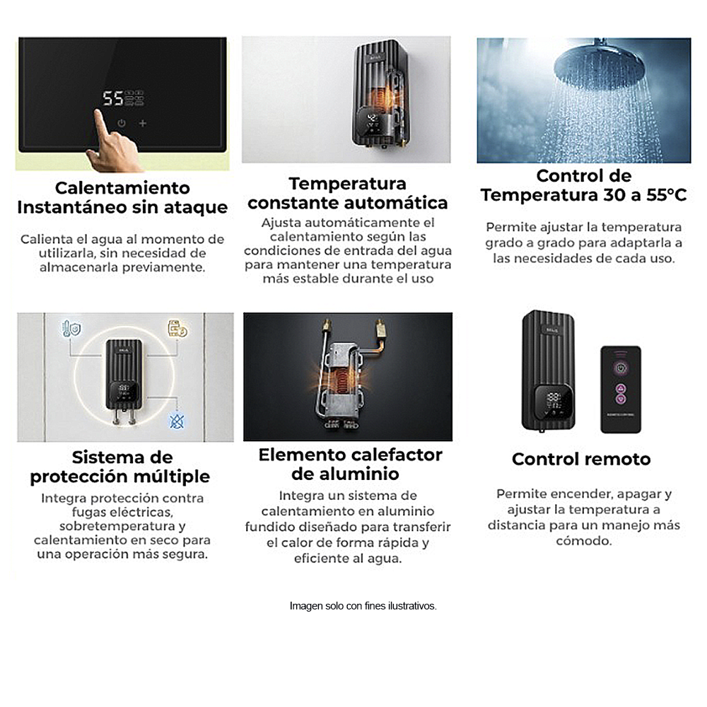 Calentador de agua eléctrico 8.5L/min modelo CLTE6KW-C. DRIJA. panel digital, tarjeta electrónica inverter.