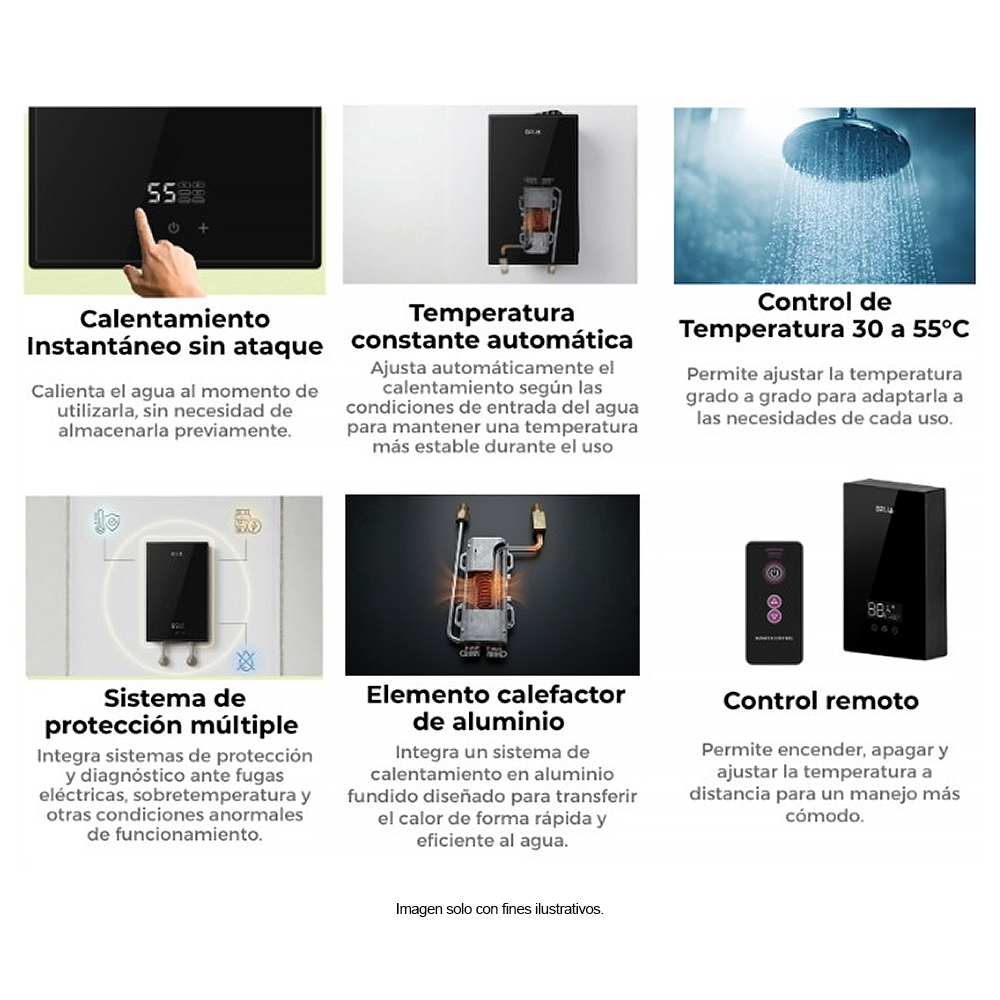 Calentador de agua eléctrico CLTE7KW-C 10.5 litros/min. DRIJA color espejo negro, panel de control digital, tarjeta electrónica inverter.