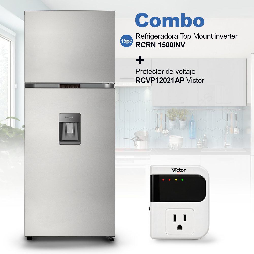 Refrigeradora 15pc Top Mount inverter RCRN1500INVWD RCA + Protector de voltaje RCVP12021AP.