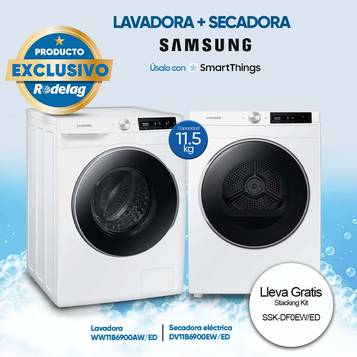Combo de lavadora + secadora 11.5kg de carga frontal WW11B6900AW/ED + DV11B690 Samsung