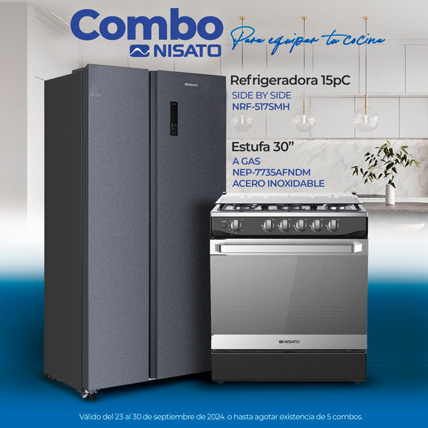 Combo Nisato Refrigeradora 15 pc modelo NRF-517SMH + Estufa 30" a gas modelo NEP-7735AFNDM