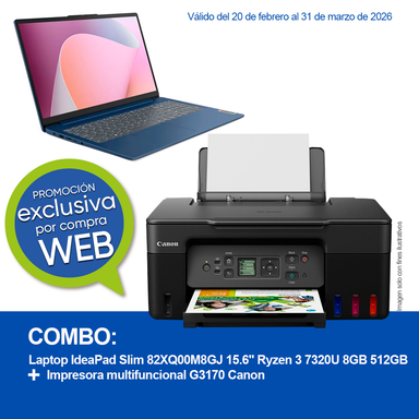 Combo Laptop IdeaPad Slim 82XQ00M8GJ Lenovo 15.6" Ryzen 3 7320U 8GB 512GB + Impresora multifuncional G3170 Canon