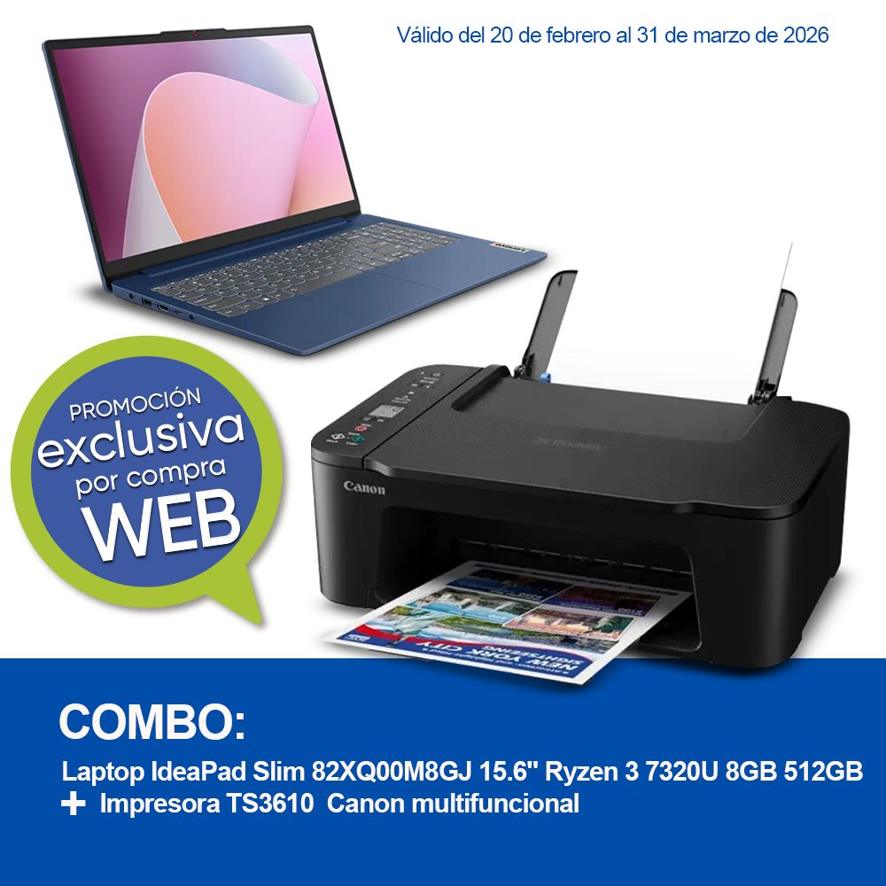 Combo Laptop IdeaPad Slim 82XQ00M8GJ Lenovo 15.6" Ryzen 3 7320U 8GB 512GB + Impresora TS3610 Canon multifuncional