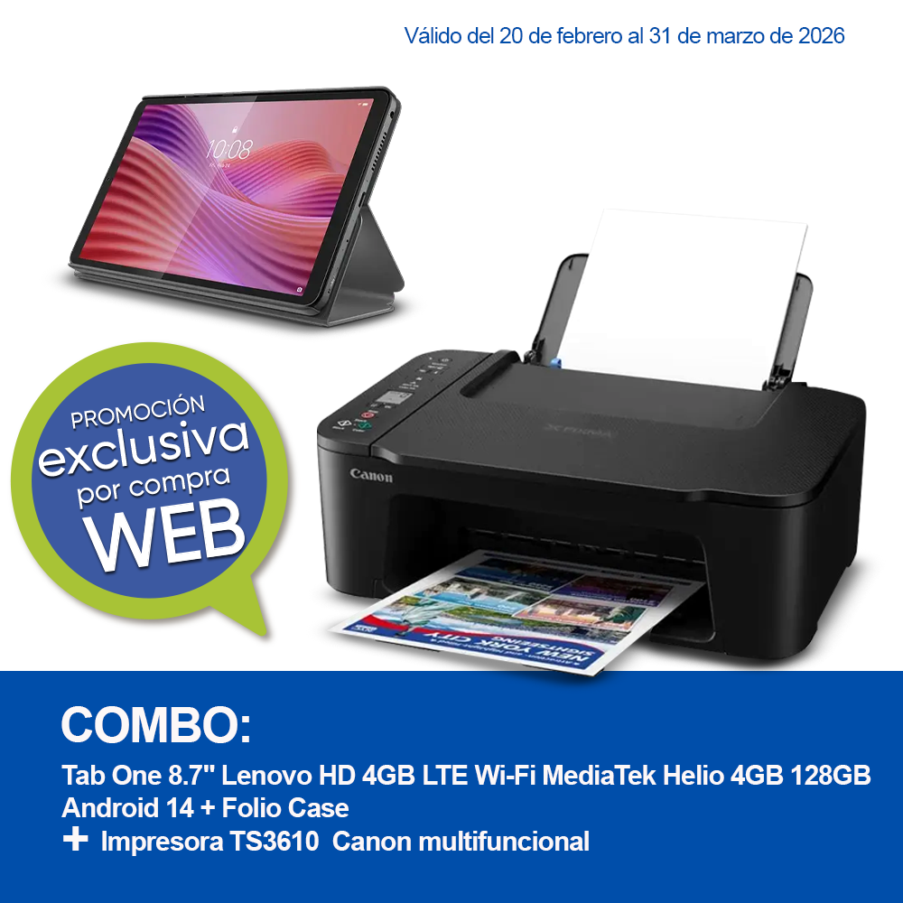 Combo Tab One 8.7" Lenovo HD 4GB LTE Wi-Fi MediaTek Helio 4GB, 128GB, Android 14 + Folio Case + Impresora TS3610 Canon multifuncional, Wi-Fi