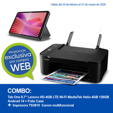 Combo Tab One 8.7" Lenovo HD 4GB LTE Wi-Fi MediaTek Helio 4GB, 128GB, Android 14 + Folio Case + Impresora TS3610 Canon multifuncional, Wi-Fi