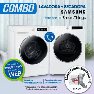 Combo Lavadora y Secadora eléctrica SAMSUNG 11.5 Kg. Gratis Stacking Kit