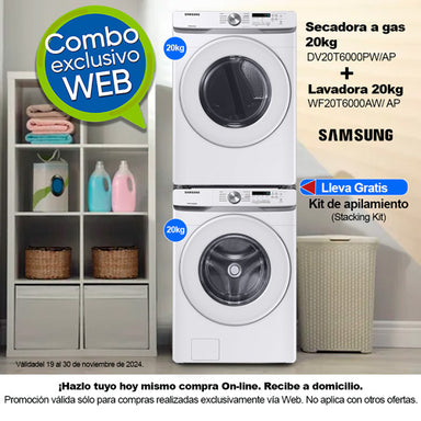 Combo de lavadora de 20kg inverter y secadora a gas de carga frontal 20kg de Samsung.