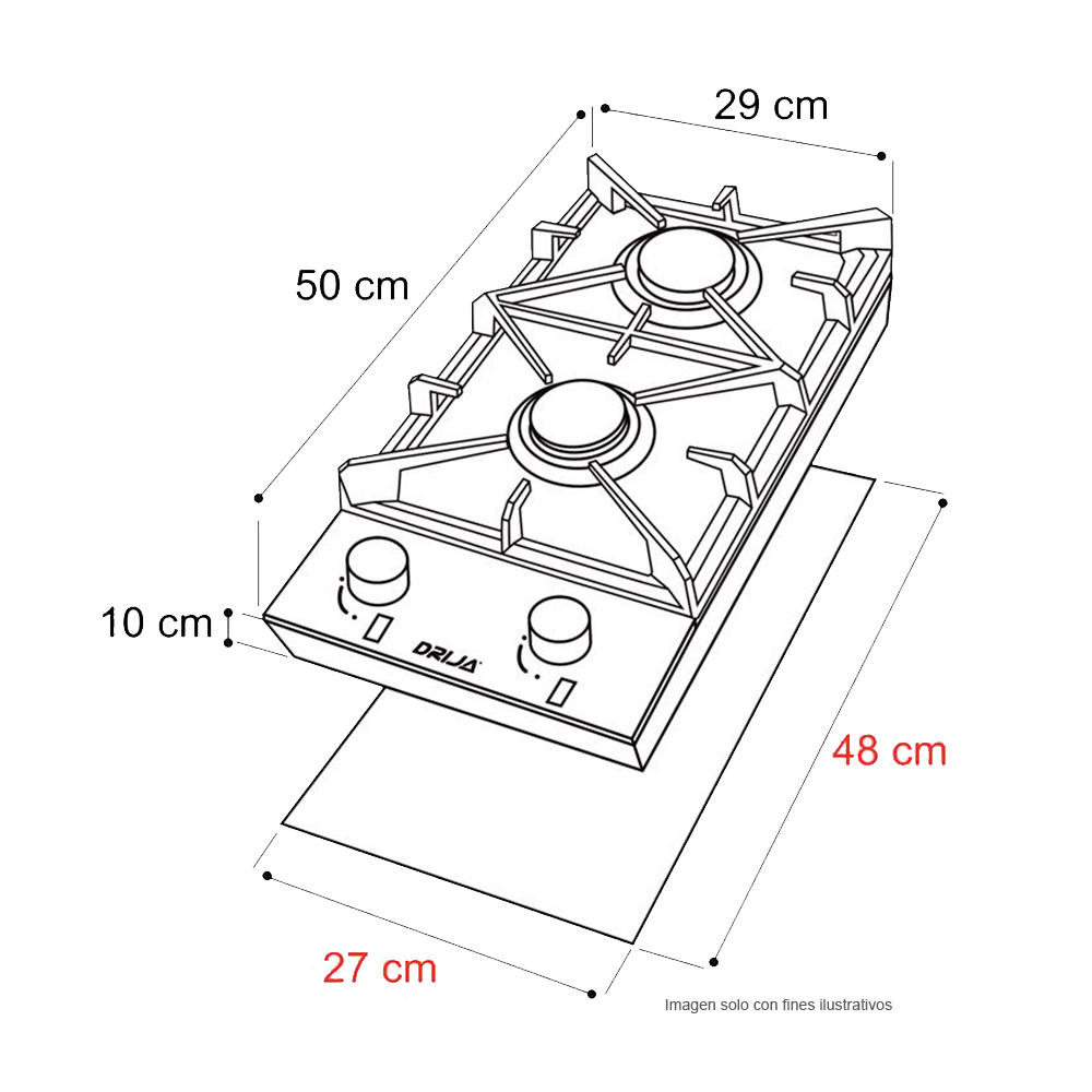 Estufa a gas Milan 30cm, 2 quemadores SABAF, acero inoxidable 304. encendido eléctrico. DRIJA
