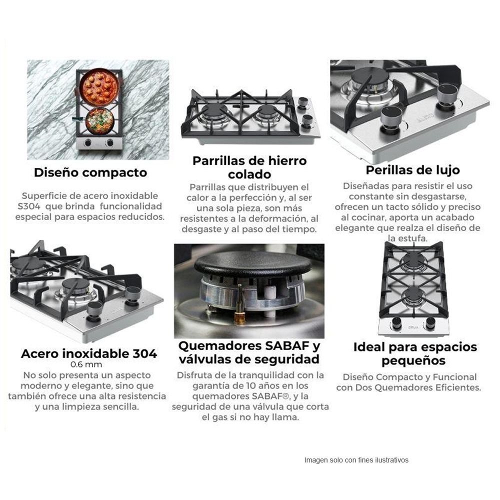 Estufa a gas Milan 30cm, 2 quemadores SABAF, acero inoxidable 304. encendido eléctrico. DRIJA