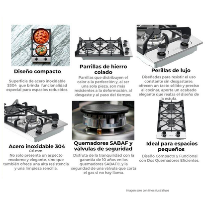 Estufa a gas Milan 30cm, 2 quemadores SABAF, acero inoxidable 304. encendido eléctrico. DRIJA