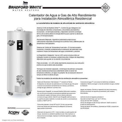 Calentador de agua a gas de 100gl. RG-2-100H6 BRADFORD WHITE