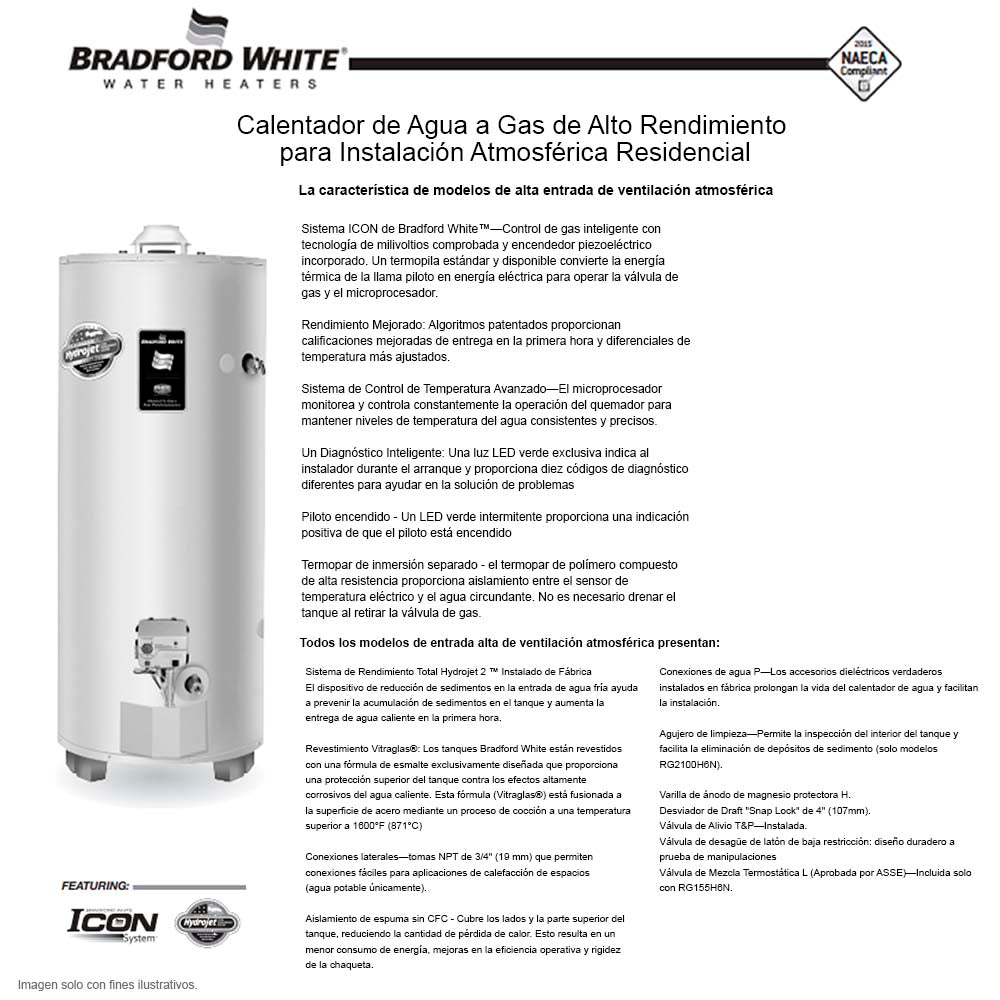 Calentador de agua a gas de 100gl. RG-2-100H6 BRADFORD WHITE