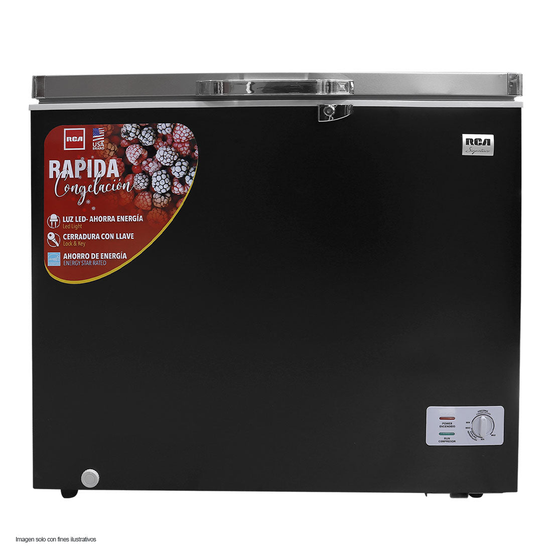 Congelador horizontal de 7.5pc RCSF75DA RCA, color negro tapa color acero inoxidable con llave