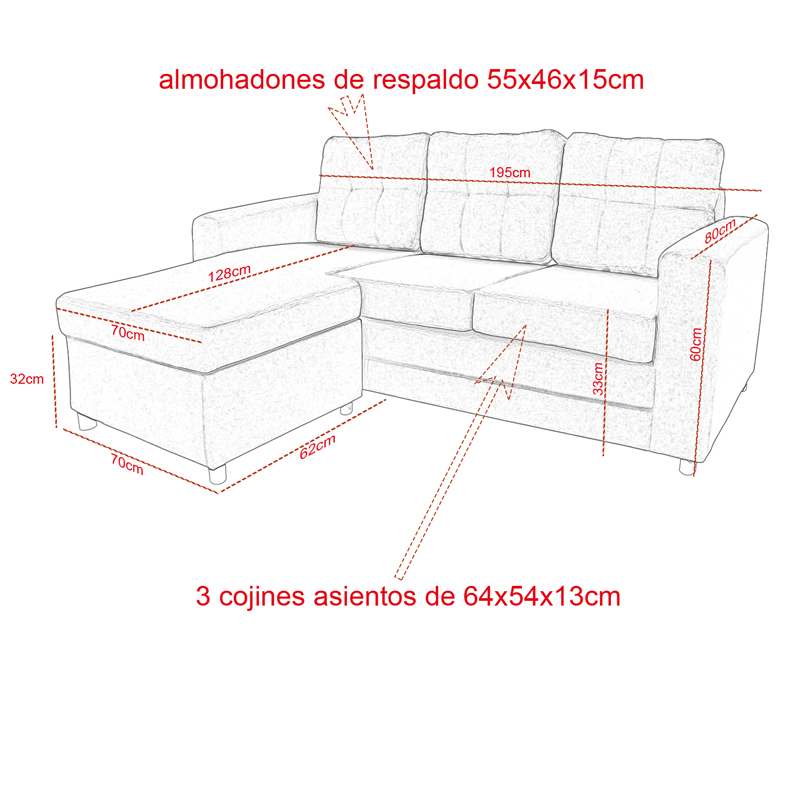 Sofá modular modelo turqueza, estructura de madera y tapizado en tela chenille