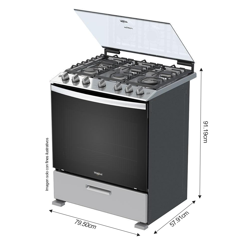 Estufa de 30" a gas LWFR5000D cubierta de acero inoxidable 6 quemadores  Whirlpool.
