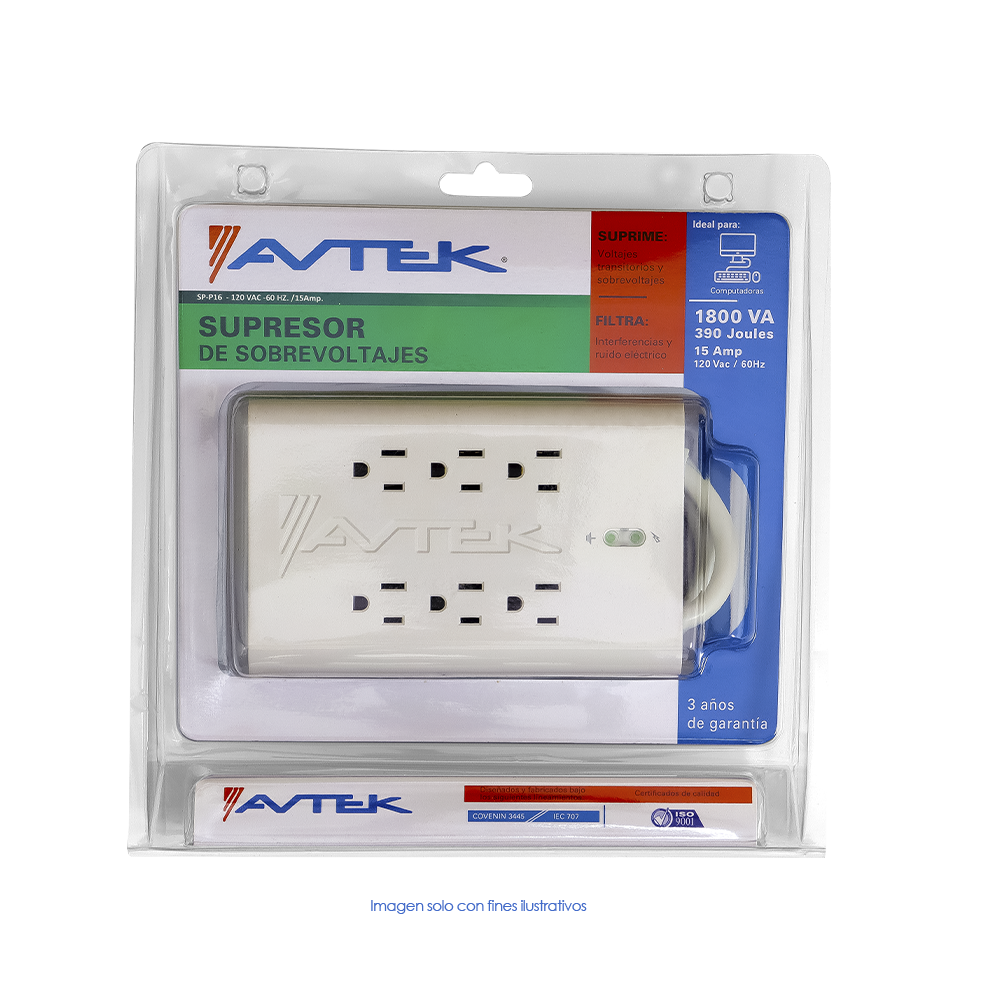 Supresor de sobretensiones, 1800 VA/W, 15 Amp, 390 Joules, 120 VAC,60Hz, 6 tomas Nema 5-15P. AVTEK