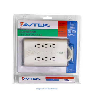 Supresor de sobretensiones, 1800 VA/W, 15 Amp, 390 Joules, 120 VAC,60Hz, 6 tomas Nema 5-15P. AVTEK