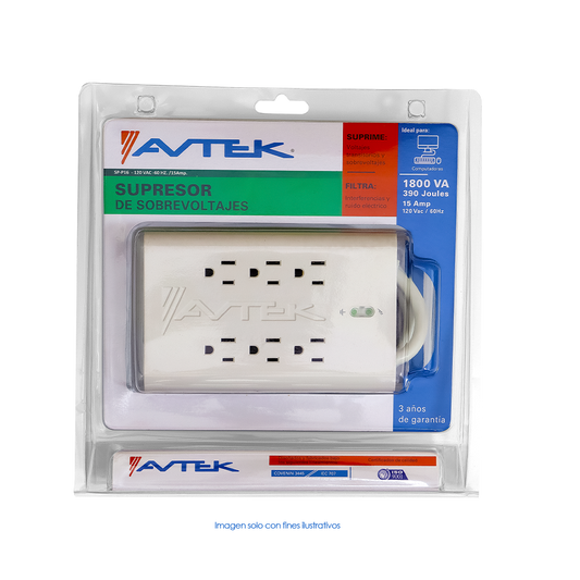 Supresor de sobretensiones, 1800 VA/W, 15 Amp, 390 Joules, 120 VAC,60Hz, 6 tomas Nema 5-15P. AVTEK