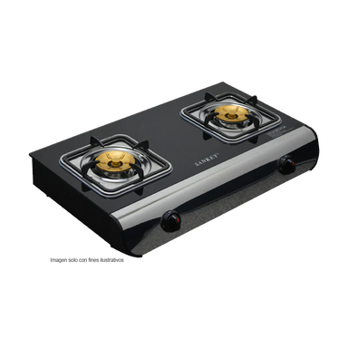 Estufa de mesa a gas GSB-24G Sankey, mesa de vidrio negro, 2 quemadores de bronce