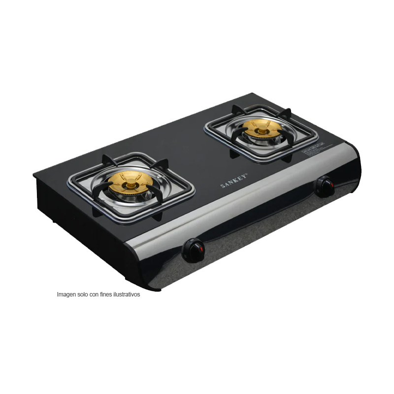 Estufa de mesa a gas GSB-24G Sankey, mesa de vidrio negro, 2 quemadores de bronce