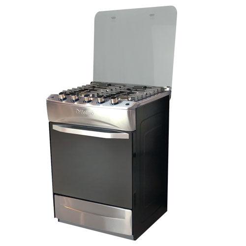 HOTLINE ESTUFA 24" GAS HLGR2420 4 QUEMADORES MESA DE ACERO INOXIDABLE TAPA DE VIDRIO PARRILLAS DE HIERRO COLADO LUZ EN EL HORNO COLOR ACERO INOXIDABLE