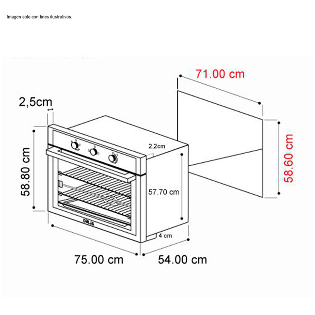 Horno a gas empotrable Drija de 76cm Modelo Roma 76 capacidad 78 litros Acero inox.