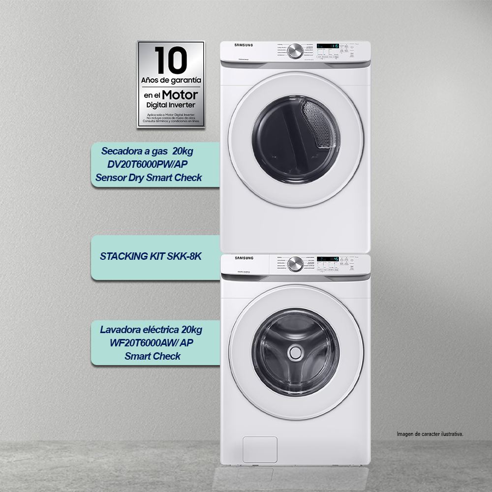 Combo Samsung lavadora 20 kg WF20T6000AW/AP + secadora 20 kg DV20T6000PW/AP + Stanking kit SKK-8K