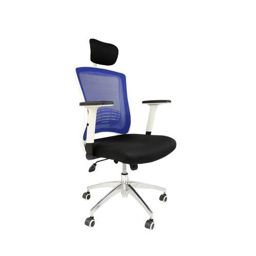 Silla ejecutiva 852-054, ergonómica con brazos, color blanco/azul/negro