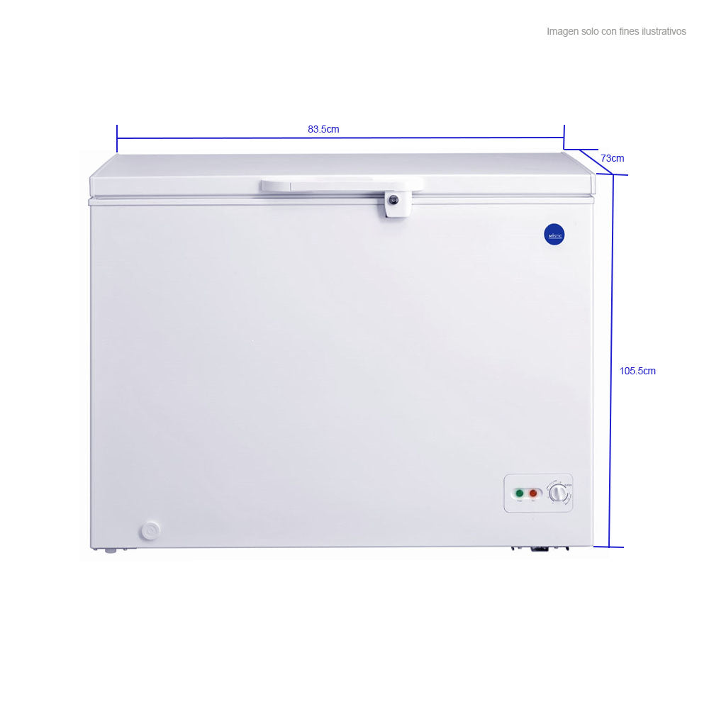 Congelador horizontal 10.1pc MY-FZ300L Mystic, puerta acabado acero inoxidable blanco, enfriamiento rápido, cerradura con llave