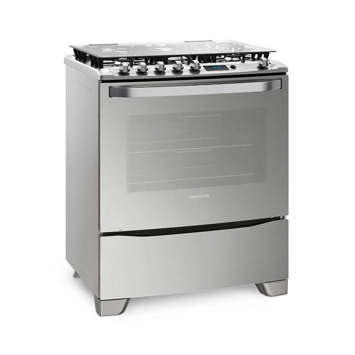 FRIGIDAIRE ESTUFA 30" GAS FKGI30ZTOBTG 5 QUEMADORES MESA DE ACERO INOXIDABLE PANEL DIGITAL RELOJ TRIPLE LLAMA ENCENDIDO AUTOMATICO EN QUEMADORES Y HORNO HORNO AUTOLIMPIEZA FUNCION GRILL LUZ EN EL HOR