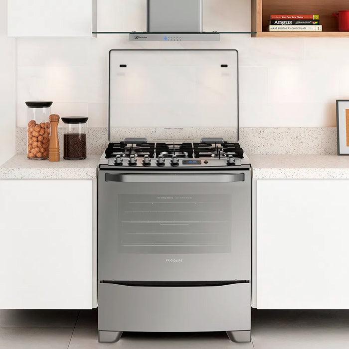 FRIGIDAIRE ESTUFA 30" GAS FKGI30ZTOBTG 5 QUEMADORES MESA DE ACERO INOXIDABLE PANEL DIGITAL RELOJ TRIPLE LLAMA ENCENDIDO AUTOMATICO EN QUEMADORES Y HORNO HORNO AUTOLIMPIEZA FUNCION GRILL LUZ EN EL HOR