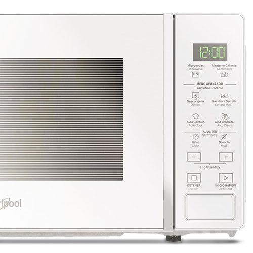 Microondas 0.7pc WM1807W Whirpool, color blanco 700W 5 niveles de potencia, 4 opciones para descongelar, 12 opciones de auto cocción.
