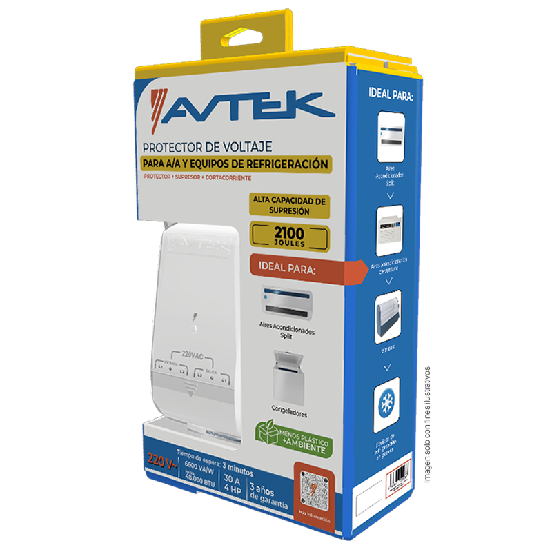Protector de voltaje PABAS-B230 Avtek con alta capacidad de supresión para equipos de refrigeración, AA y congeladores, hasta 48.000 BTU, 4HP, 6600 VA, 30 A, 220 VAC / 60 HZ; 2100 JOULES, 3-4 MIN, boneras.